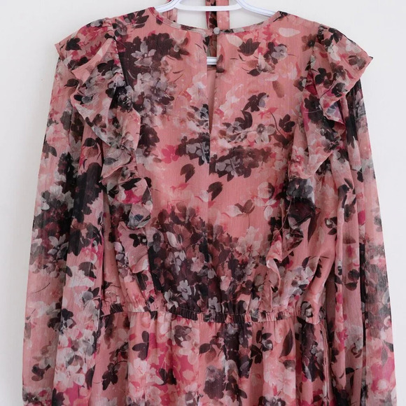 Rachel Parcell Floral Print Ruffle Chiffon  Blouson Maroon Midi Dress 4 - Picture 13 of 14